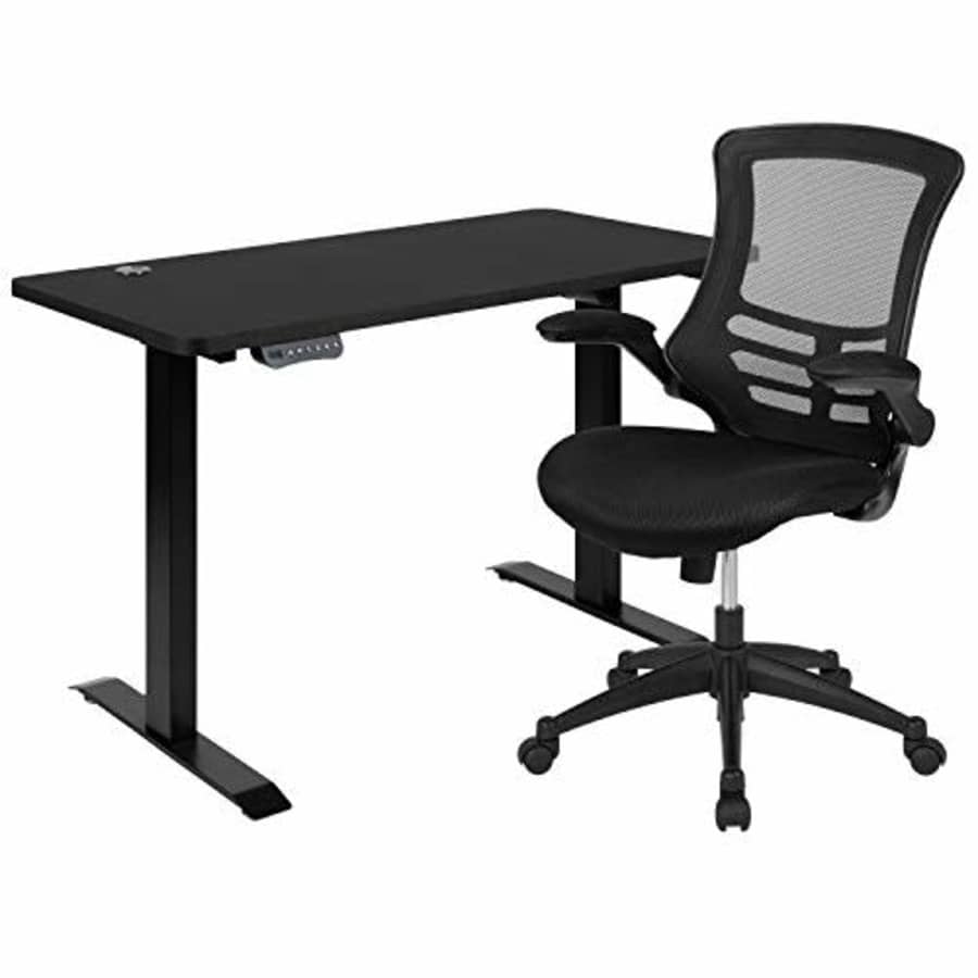 Flash Furniture 48"W x 24"D Black Electric Height Adjustable Stand Up Desk with Black Mesh Swivel for $799 Flash Furniture 48"W x 24"D Black Electric Height Adjustable Stand Up Desk with Black Mesh Swivel for $799