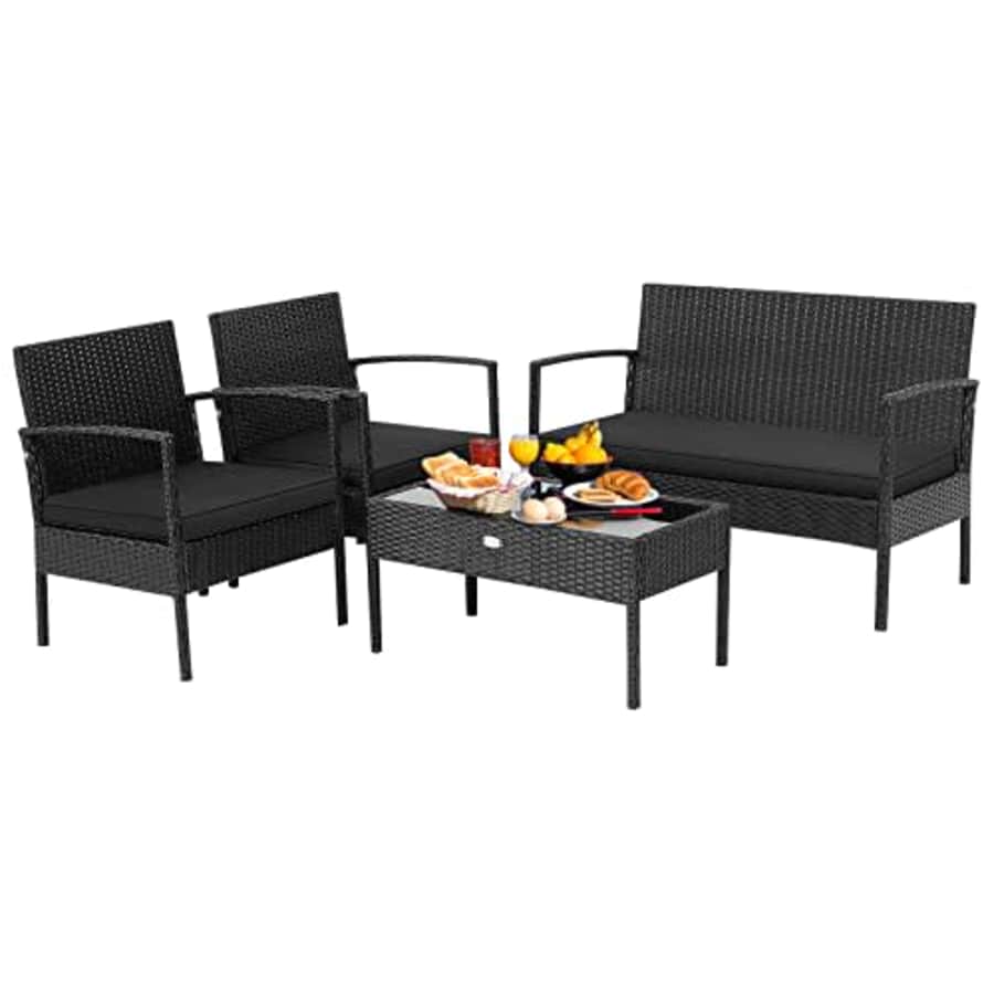 Tangkula 4 Piece Patio Rattan Conversation Set, Outdoor Wicker Furniture Set W/Glass Coffee Table, for $180 Tangkula 4 Piece Patio Rattan Conversation Set, Outdoor Wicker Furniture Set W/Glass Coffee Table, for $180