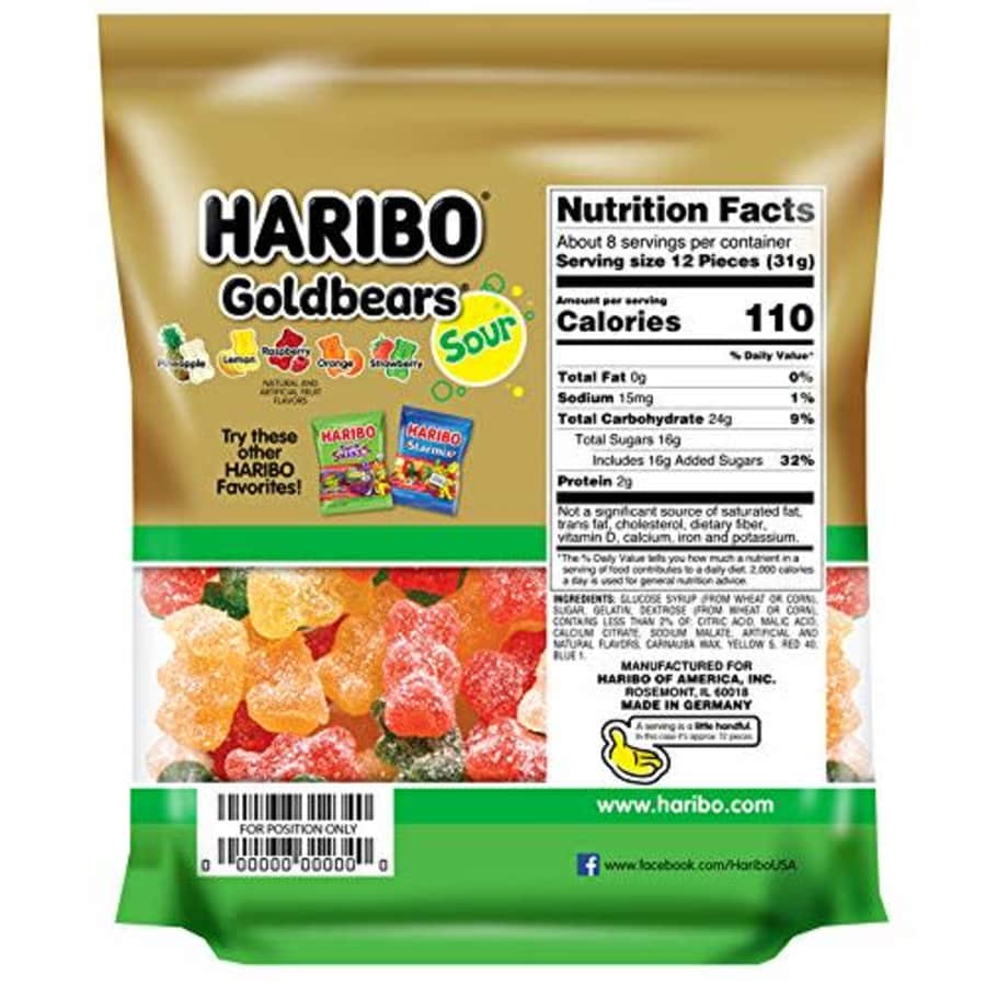 Haribo Goldbears Gummi Candy, Sour, 9 oz. Re-Sealable Bag, (Pack of 8) for $60 Haribo Goldbears Gummi Candy, Sour, 9 oz. Re-Sealable Bag, (Pack of 8) for $60