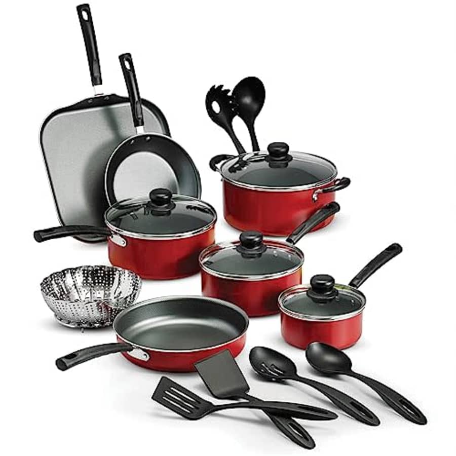 Tramontina 18 Piece Nonstick Cookware Set - Red - Aluminum Construction, Dishwasher Safe, for $68