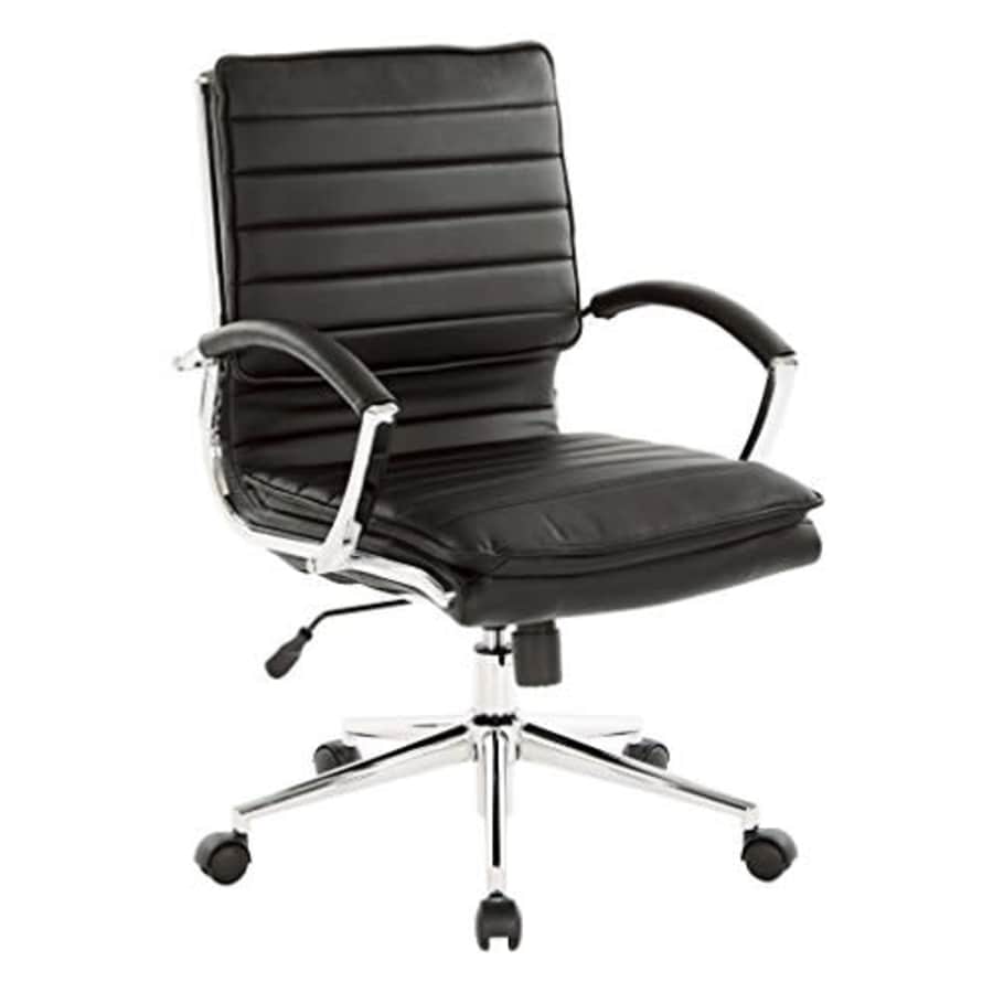 Office Star Faux Leather Mid Back Managers Chair with Loop Arms and Chrome Base, Black for $229 Office Star Faux Leather Mid Back Managers Chair with Loop Arms and Chrome Base, Black for $229
