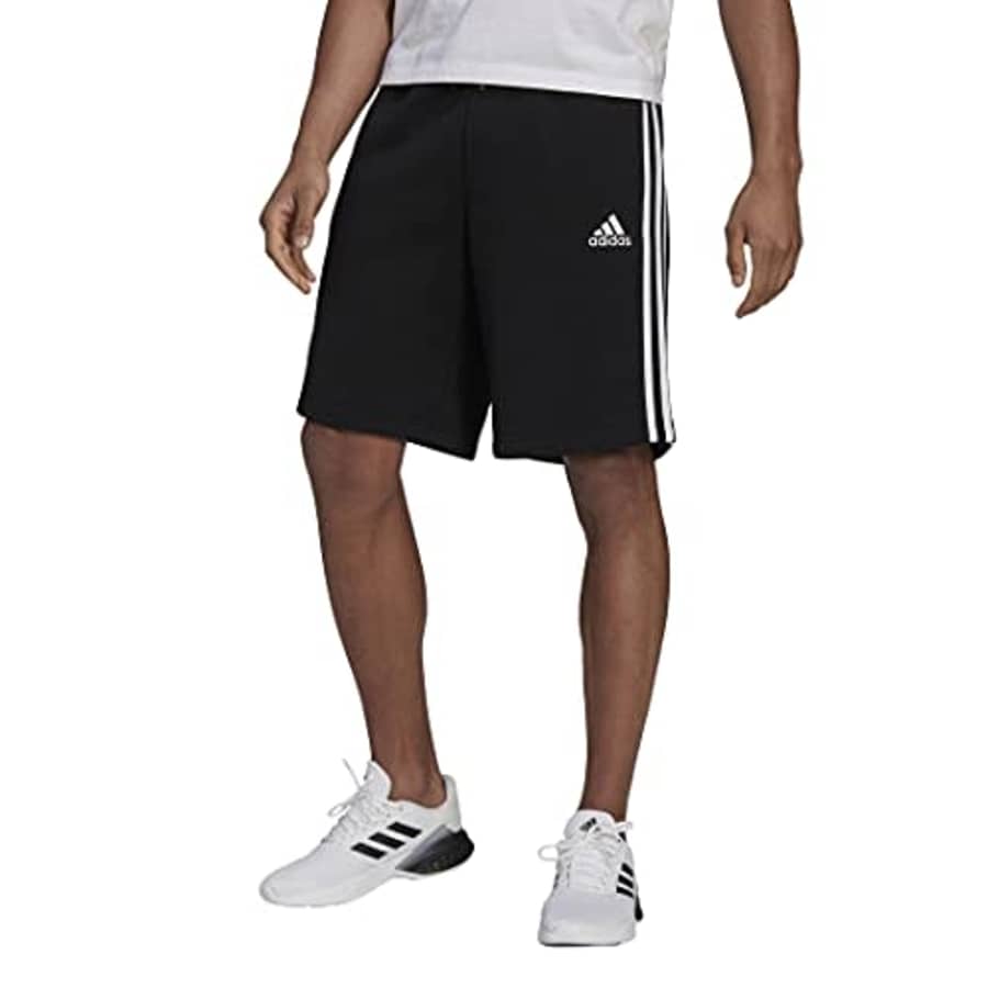 adidas Men's Standard Essentials Fleece 3-Stripes Shorts, Black/White, X-Large for $50