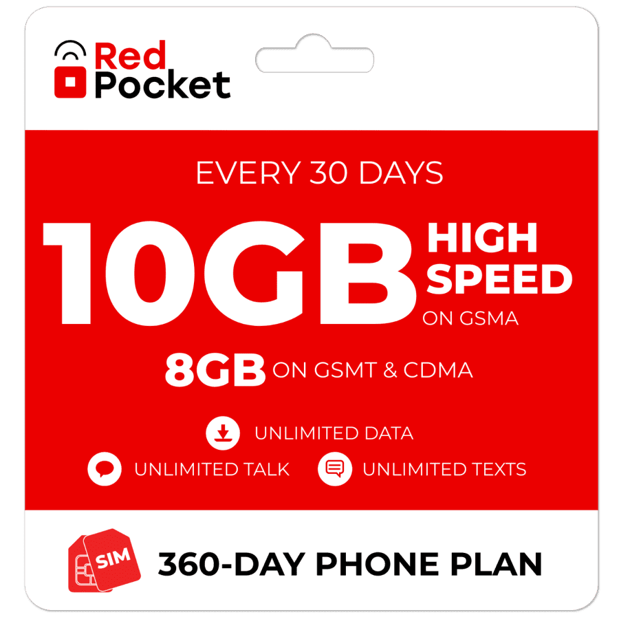 Red Pocket 1-Year Unlimited + 10GB Monthly Data Prepaid Plan with SIM Card for $190 Red Pocket 1-Year Unlimited + 10GB Monthly Data Prepaid Plan with SIM Card for $190