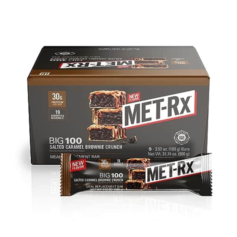 MET-Rx Big 100 Protein Bar, Meal Replacement Bar, 30G Protein, Salted Caramel Brownie Crunch, 9 for $23 MET-Rx Big 100 Protein Bar, Meal Replacement Bar, 30G Protein, Salted Caramel Brownie Crunch, 9 for $23