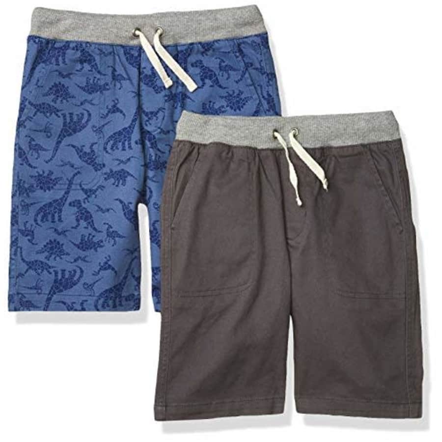 Amazon Essentials Toddler Boys Pull-On Woven Shorts, 2-Pack Blue Dinosaur/Dark Grey, 2T for $17