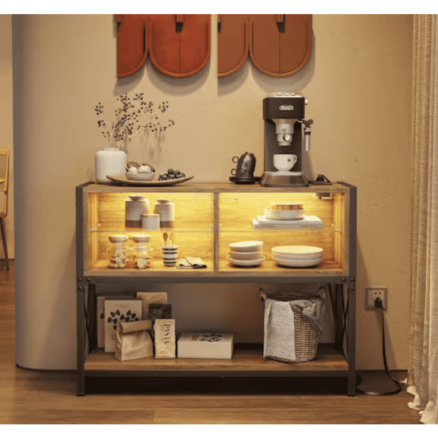 Bestier 39" LED-Lit Weathered Bar Cabinet with Tempered Glass Shelf for $80