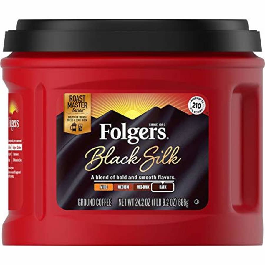 Folgers Black Silk Dark Roast Ground Coffee, 24.2 Ounces (Pack of 6) for $14 Folgers Black Silk Dark Roast Ground Coffee, 24.2 Ounces (Pack of 6) for $14