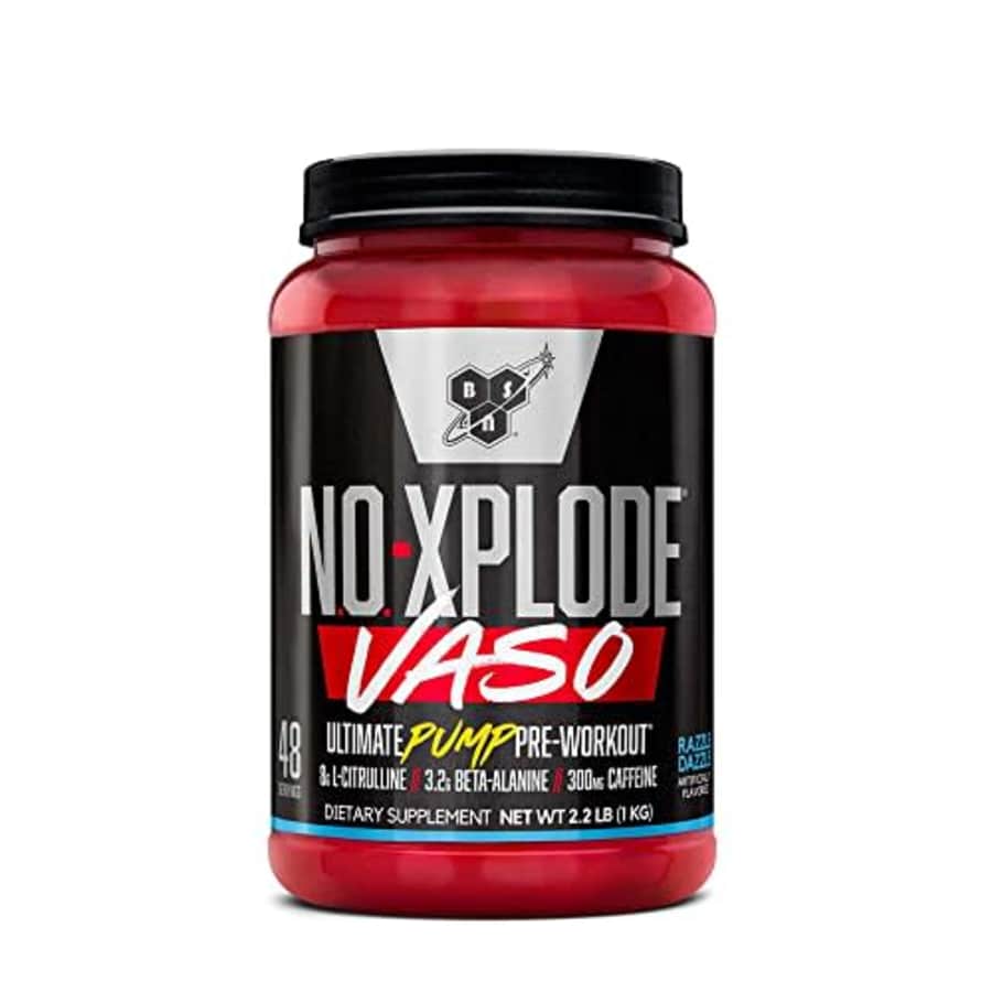 BSN N.O.-XPLODE Vaso Pre Workout Powder with Creatine, Beta-Alanine, and Energy, Flavor: Razzle for $84 BSN N.O.-XPLODE Vaso Pre Workout Powder with Creatine, Beta-Alanine, and Energy, Flavor: Razzle for $84