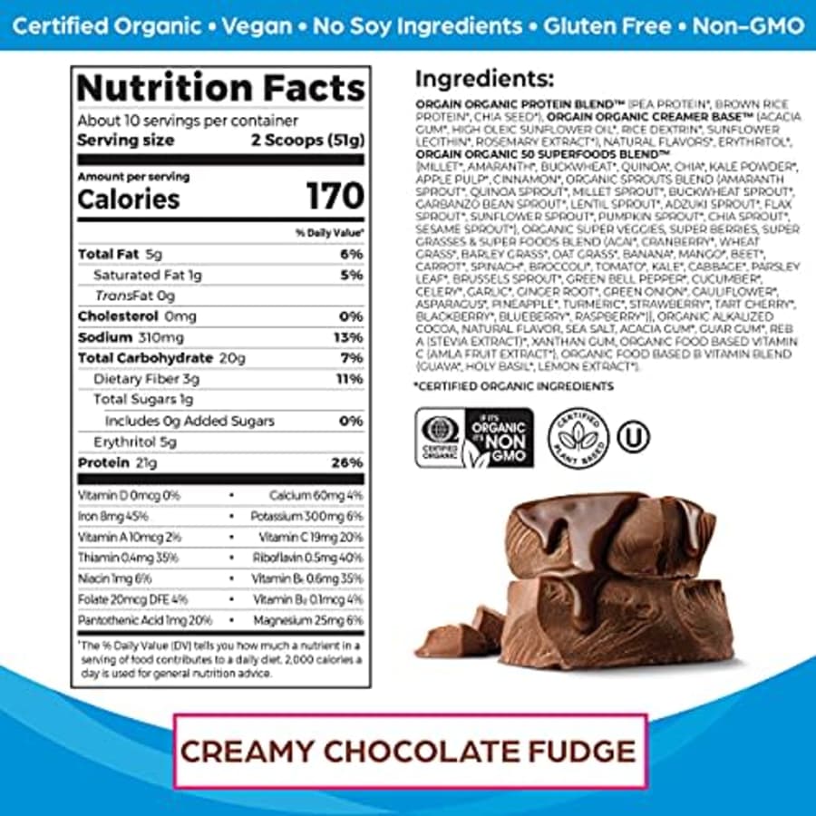 Orgain Organic Protein + Superfoods Powder, Creamy Chocolate Fudge - 21g of Protein, Vegan, Plant for $26