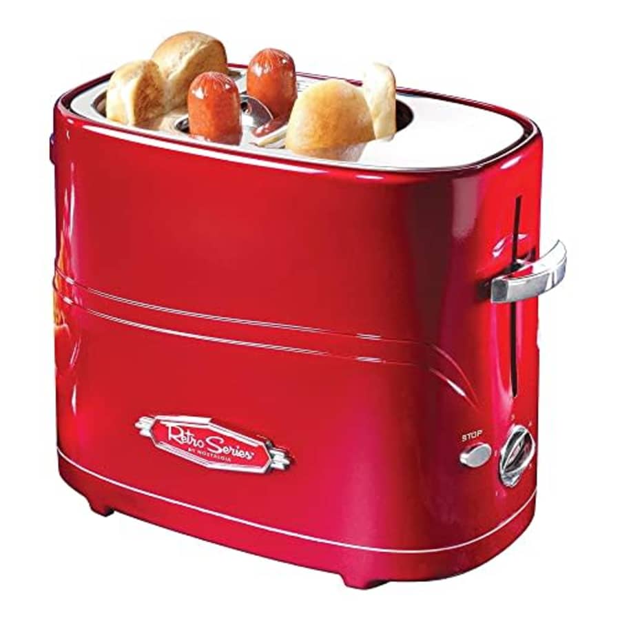 Nostalgia Adjustable 5 Setting Retro Pop Up Hot Dog Toaster, Fits 2 Regular or Extra Plump Hot Dogs for $28 Nostalgia Adjustable 5 Setting Retro Pop Up Hot Dog Toaster, Fits 2 Regular or Extra Plump Hot Dogs for $28