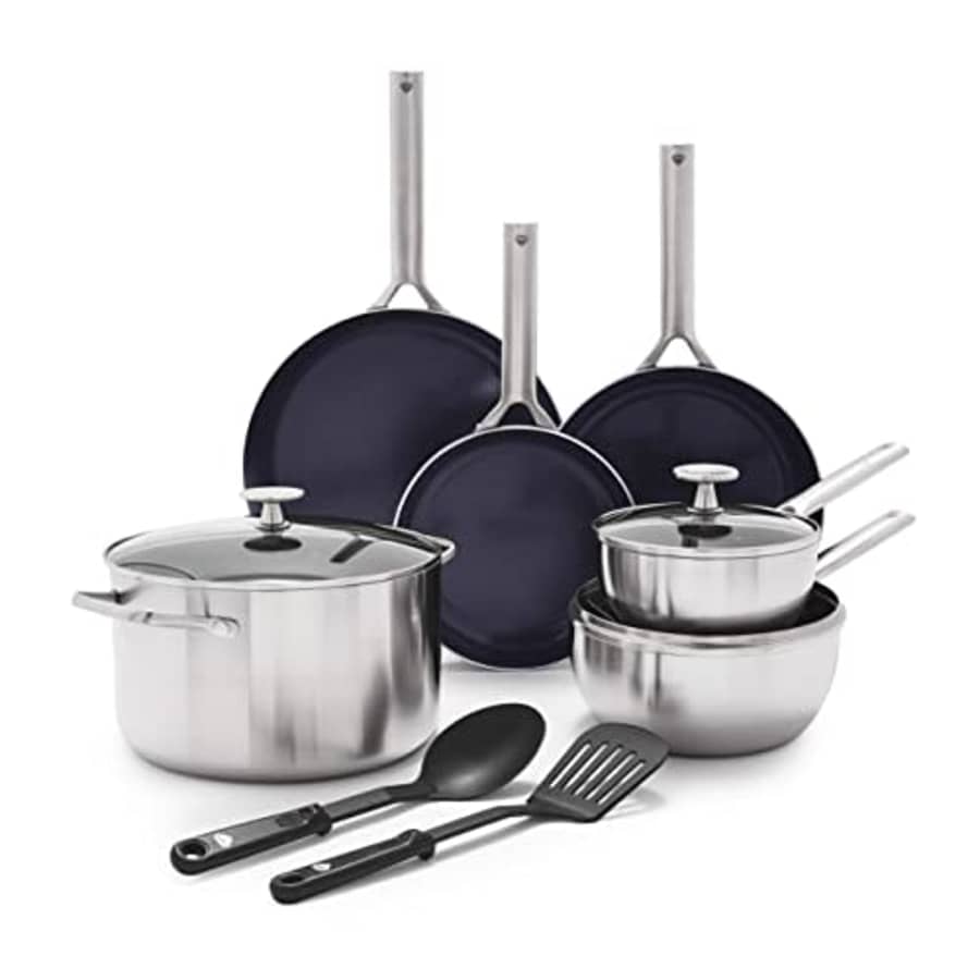 Blue Diamond Cookware Tri-Ply Stainless Steel Ceramic Nonstick, 11 Piece Cookware Pots and Pans for $104 Blue Diamond Cookware Tri-Ply Stainless Steel Ceramic Nonstick, 11 Piece Cookware Pots and Pans for $104