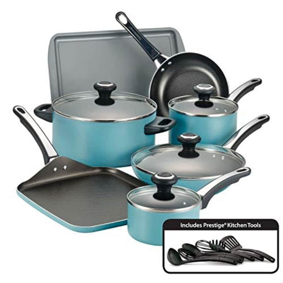 Farberware High Performance Nonstick Cookware Pots and Pans Set Dishwasher Safe, 17 Piece, Aqua for $86 Farberware High Performance Nonstick Cookware Pots and Pans Set Dishwasher Safe, 17 Piece, Aqua for $86