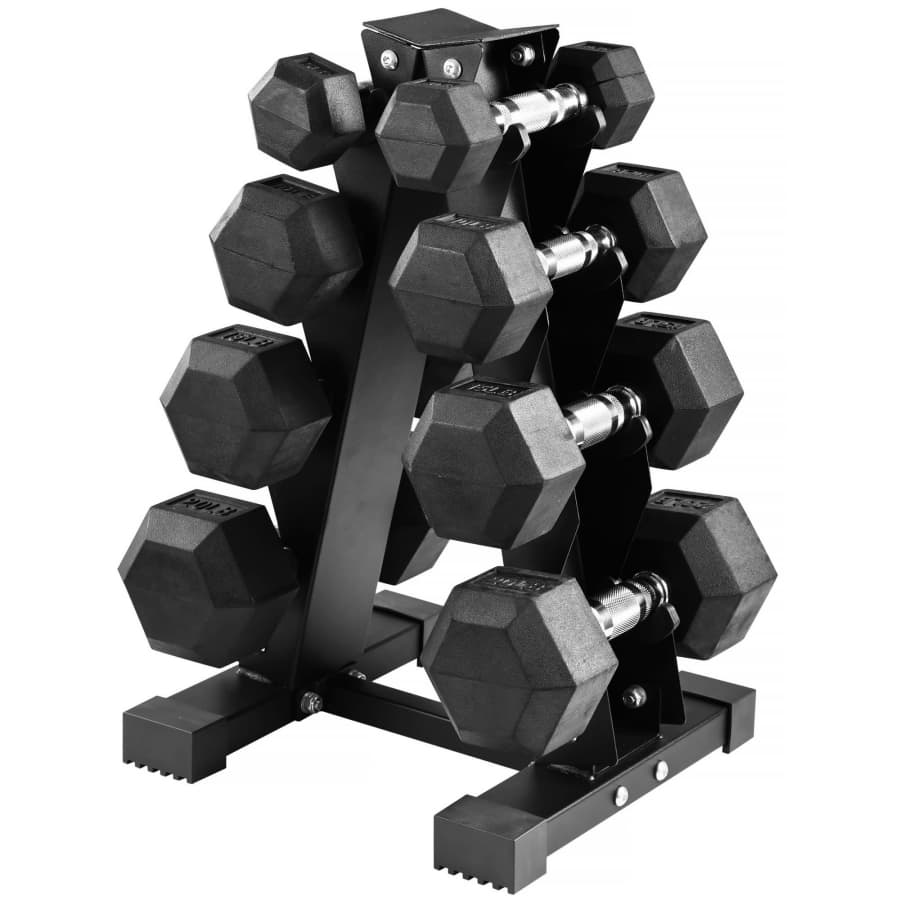 BalanceFrom 100-lb. Rubber Coated Hex Dumbbell Weight Set with A-Frame Rack: $100 BalanceFrom 100-lb. Rubber Coated Hex Dumbbell Weight Set with A-Frame Rack: $100