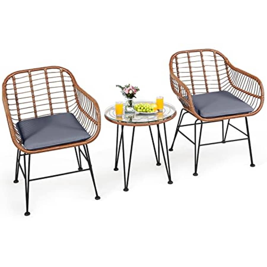Tangkula 3 Pieces Patio Conversation Bistro Set, Outdoor Wicker Furniture w/Round Tempered Glass for $130
