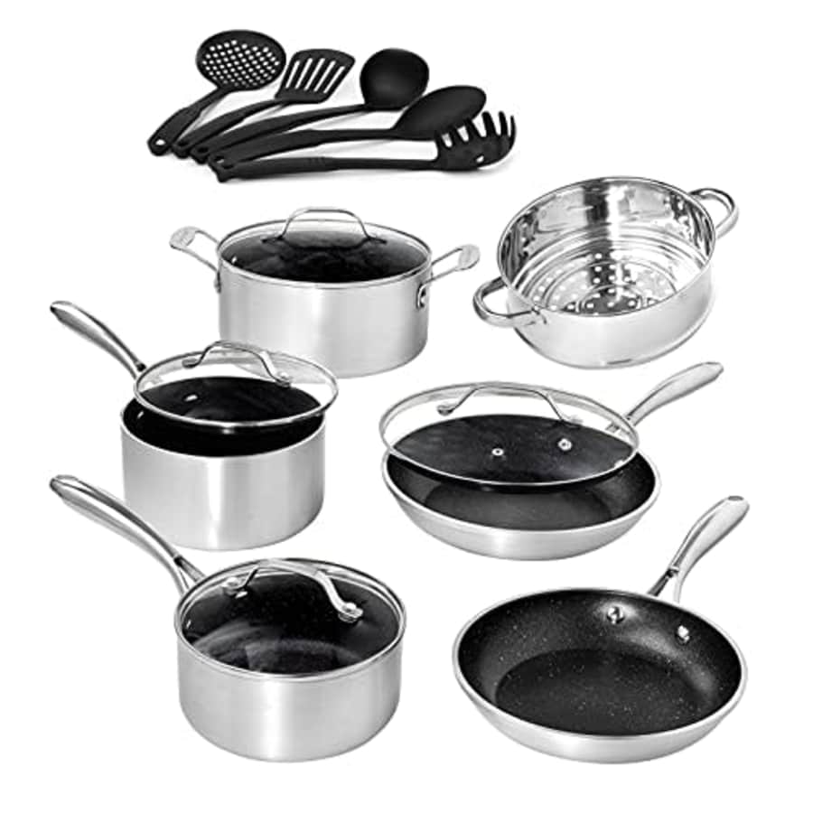GraniteStone Granite Stone Silver Cookware Set Nonstick Pots and Pans Set 10pc Cookware Sets |+ 5 Piece Utensil for $135 GraniteStone Granite Stone Silver Cookware Set Nonstick Pots and Pans Set 10pc Cookware Sets |+ 5 Piece Utensil for $135