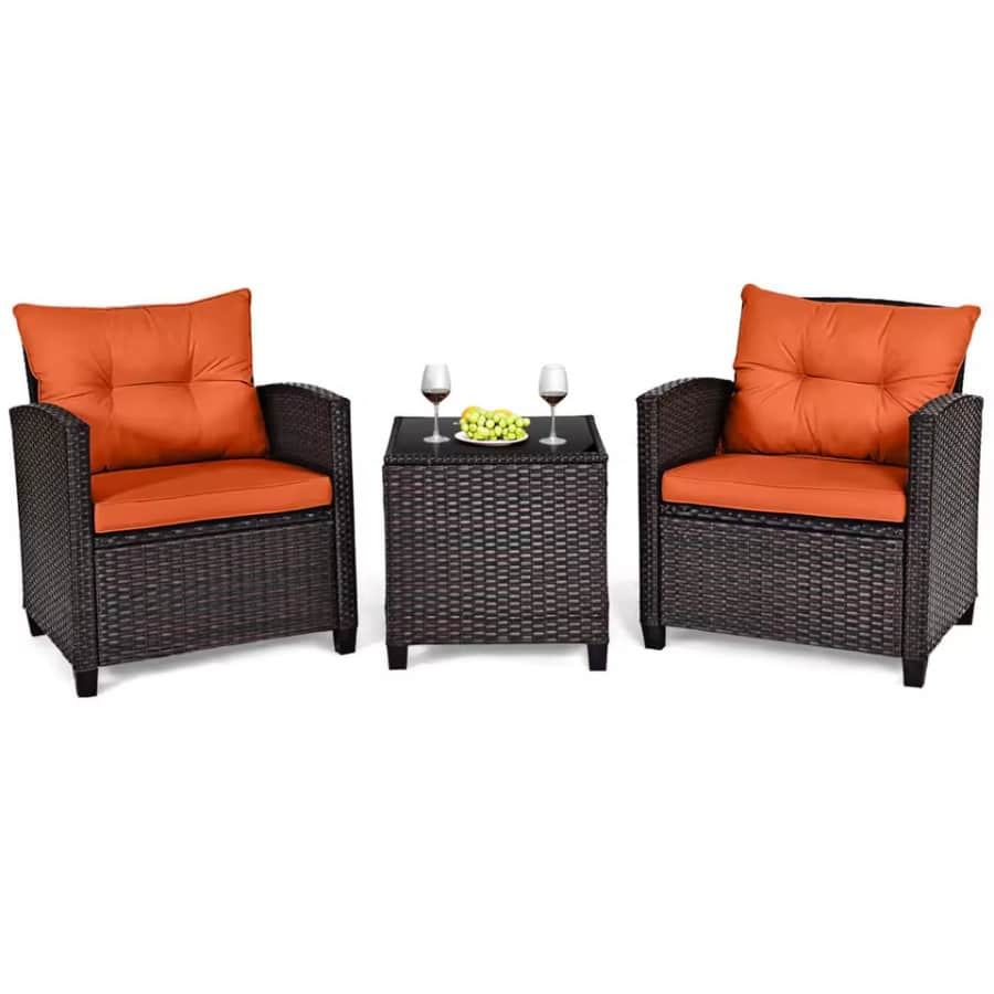 3-Piece Patio Rattan Cushioned Conversation Furniture Set for $143 3-Piece Patio Rattan Cushioned Conversation Furniture Set for $143
