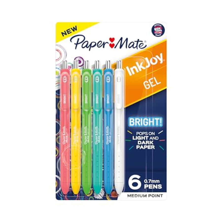 Paper Mate Inkjoy Gel Bright! Pens, Medium Point (0.7mm), Retractable, Assorted Opaque Ink, 6 Count for $10 Paper Mate Inkjoy Gel Bright! Pens, Medium Point (0.7mm), Retractable, Assorted Opaque Ink, 6 Count for $10