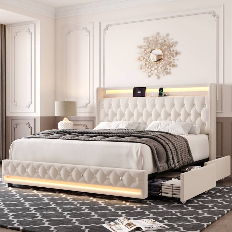 Queen Bed w/ LED Lights & Under-Bed Storage for $280