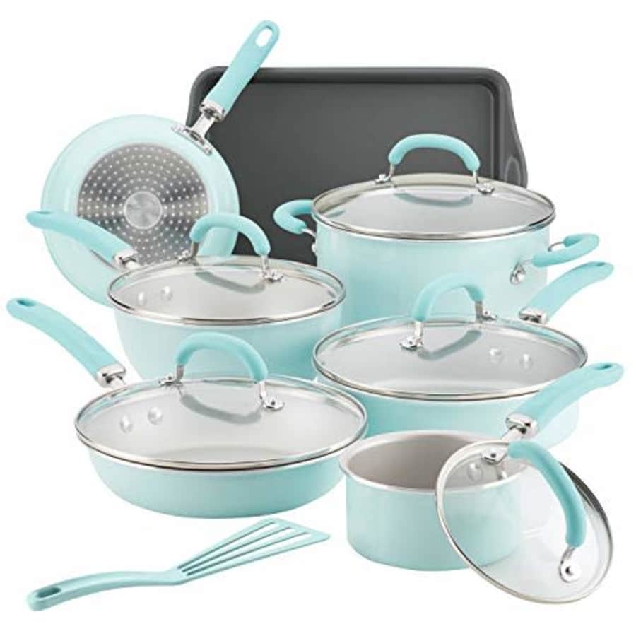 Rachael Ray Create Delicious Nonstick Cookware Pots and Pans Set, 13 Piece, Light Blue Shimmer for $143