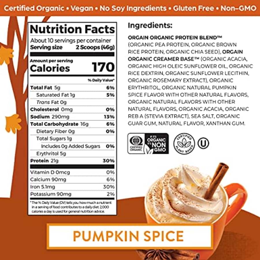 Orgain Organic Vegan Protein Powder, Pumpkin Spice - 21g of Plant Based Protein, Non Dairy, Gluten for $18