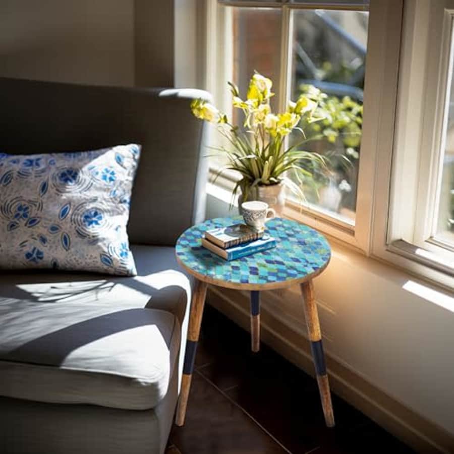 Cotton Craft Solid Wood Mosaic End Table - Blue Mosaic Accent Table - Vintage Boho Side Table - Bistro Round for $60