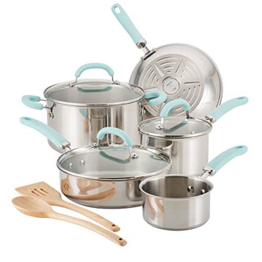 Rachael Ray Create Delicious Stainless Steel Cookware Set, 10-Piece Pots and Pans Set, Stainless for $150