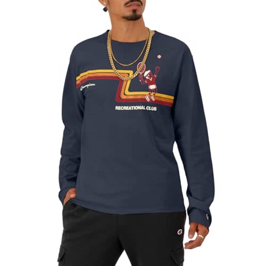 Champion Long-Sleeve, Classic No-Cuff Graphic, Men's T-Shirt, Navy Rec Club, Small for $16