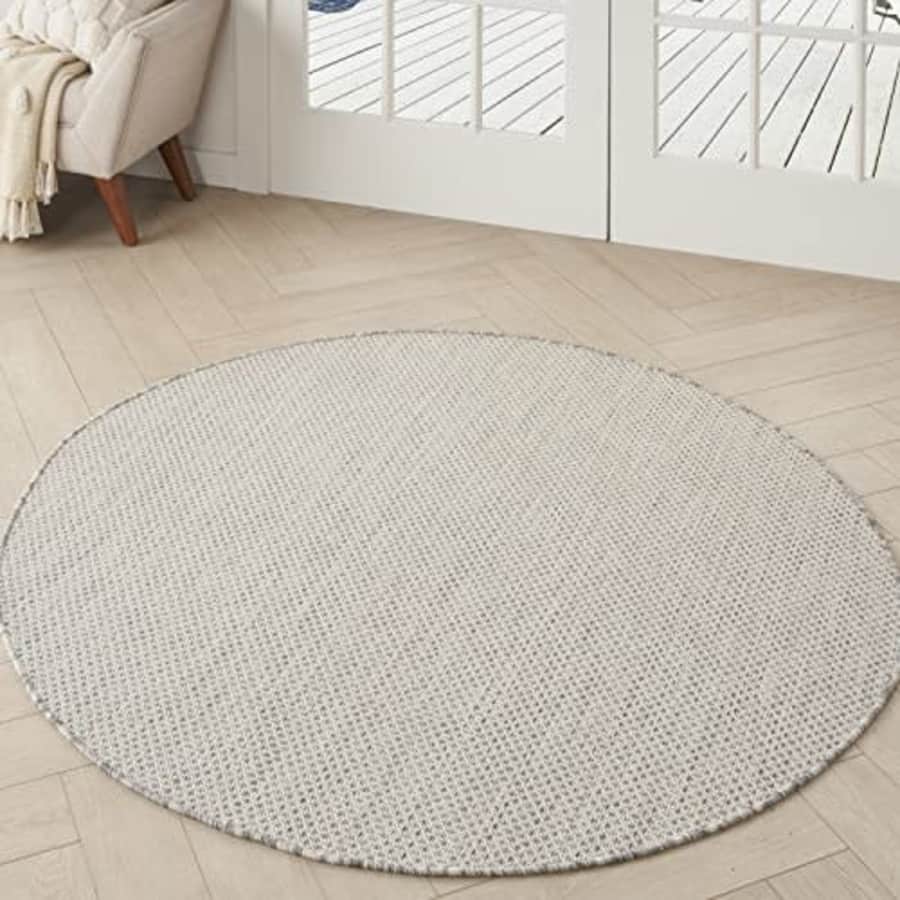 Nourison Courtyard Indoor/Outdoor Ivory/Silver 4' x Round Area -Rug, Easy -Cleaning, Non Shedding, for $43