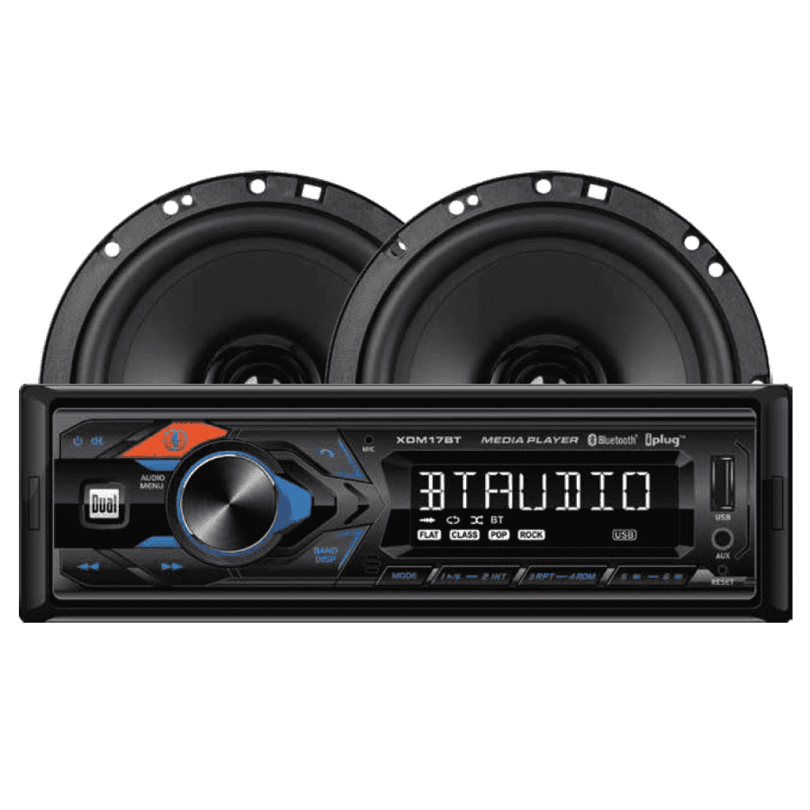 Dual Electronics Single DIN Digital Bluetooth Car Stereo Receiver w/ 2 6.5" Speakers for $20