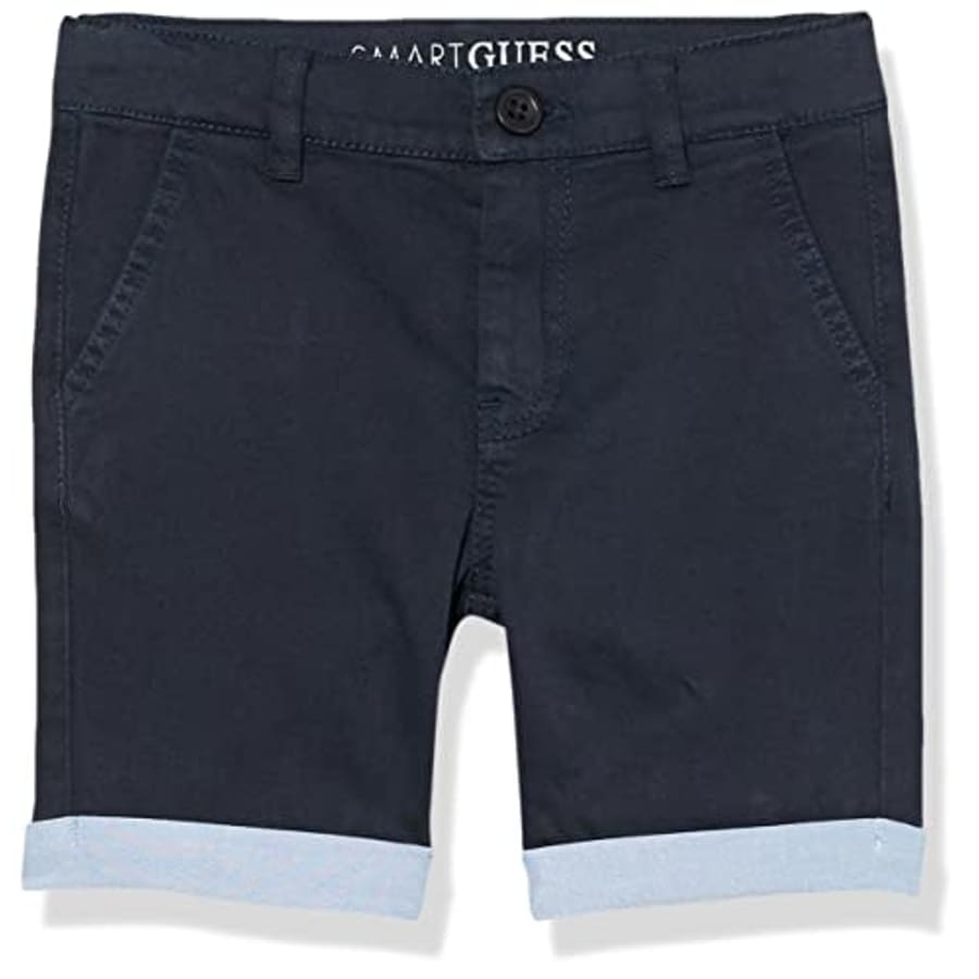 GUESS boys Embroidered Logo Organic Stretch Sateen Chino Shorts, Smart Blue, 4T US for $25