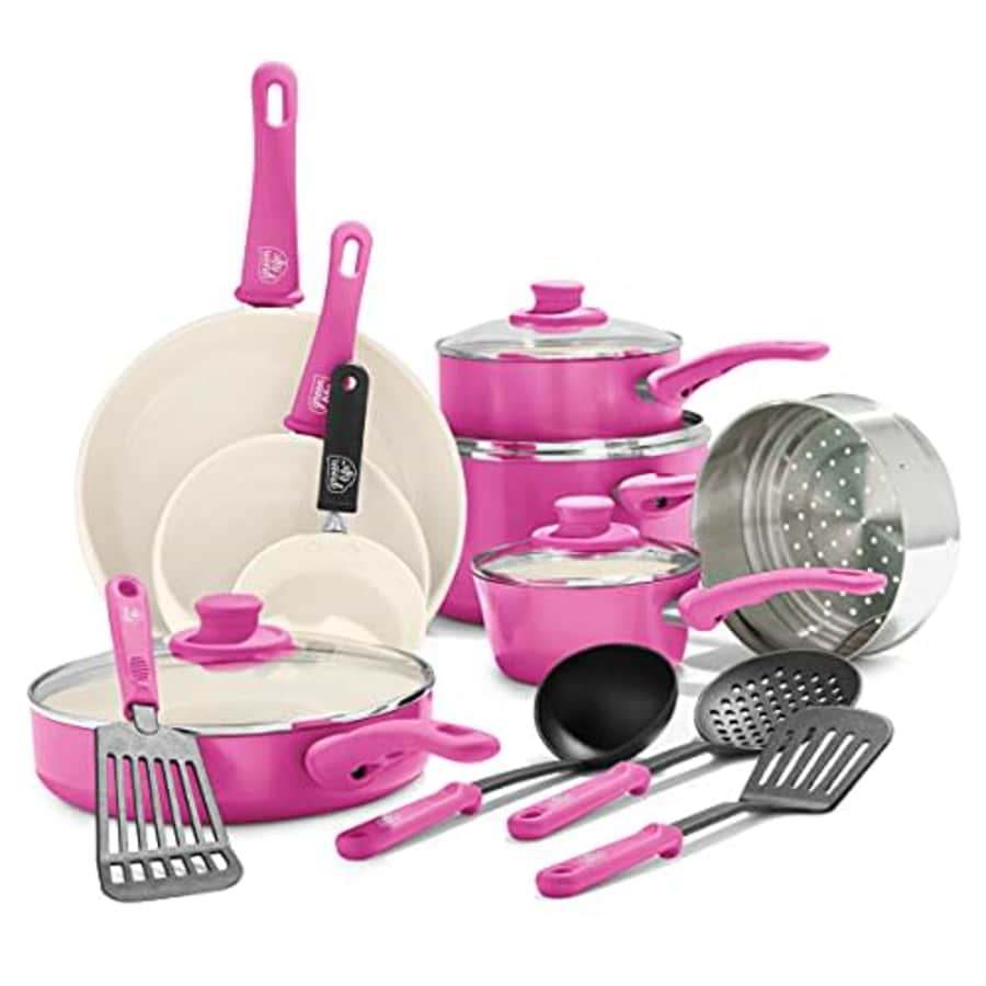 GreenLife Soft Grip Healthy Ceramic Nonstick, Cookware Pots and Pans Set, 16 Piece, Bright Pink for $156