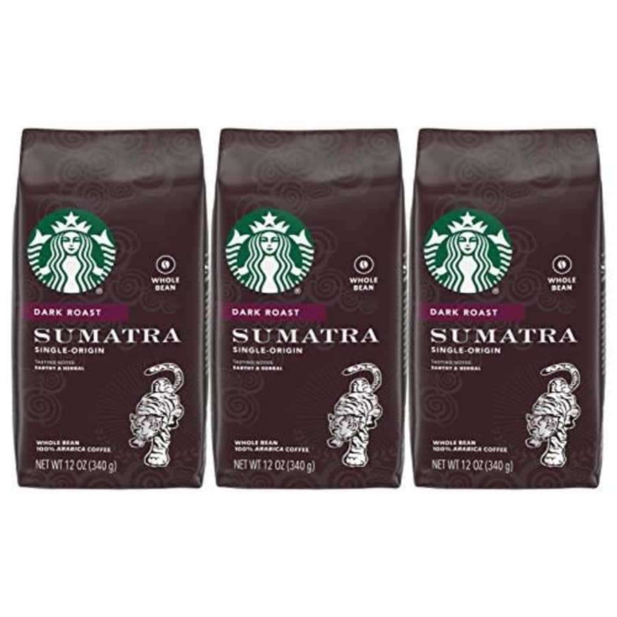 Starbucks Sumatra Dark Roast Single-Origin Whole Bean Coffee, 12 OZ (Pack of 3) for $21 Starbucks Sumatra Dark Roast Single-Origin Whole Bean Coffee, 12 OZ (Pack of 3) for $21