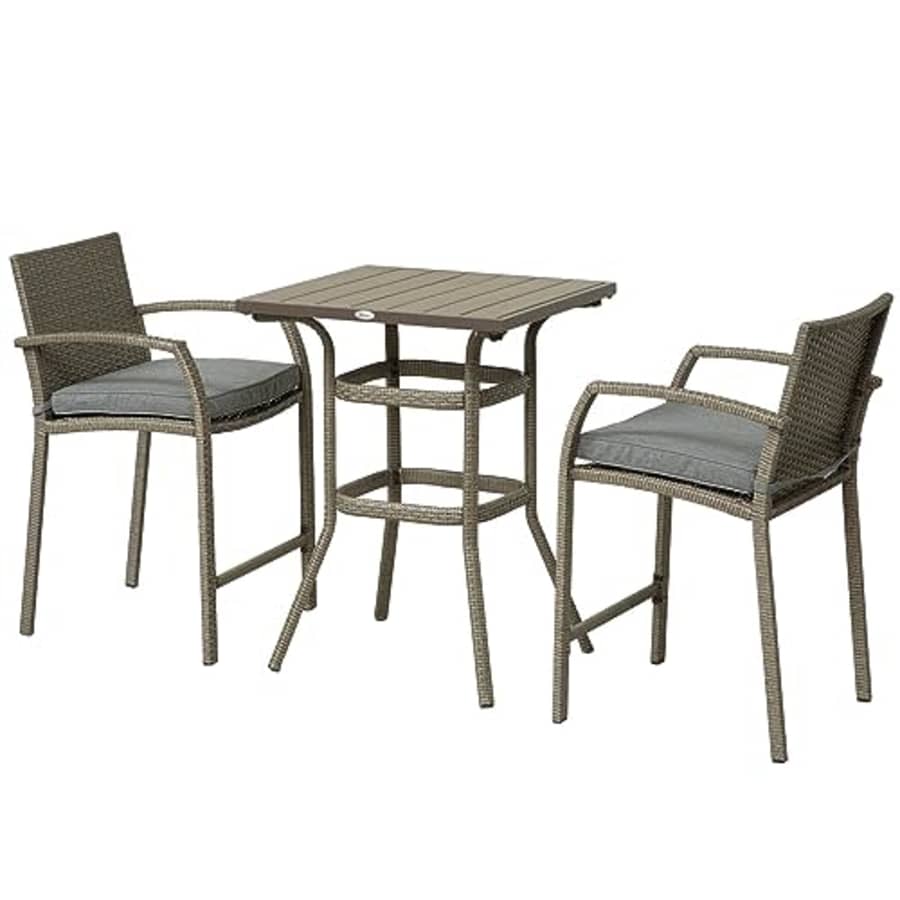 Outsunny 3 PCS Rattan Wicker Bar Set with Wood Grain Top Table and 2 Bar Stools for Outdoor, Patio, for $171 Outsunny 3 PCS Rattan Wicker Bar Set with Wood Grain Top Table and 2 Bar Stools for Outdoor, Patio, for $171