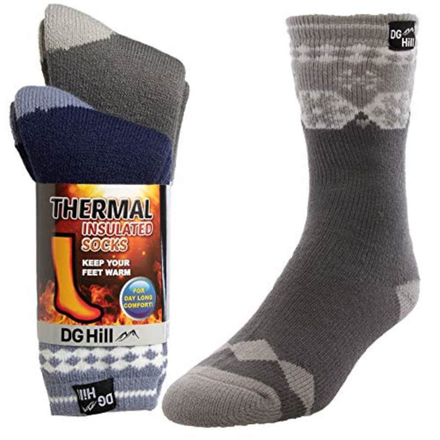 DG Hill 2 Pairs of Mens Thick Heat Trapping Thermal Socks Pack Insulated Warm Winter Crew Sock For for $15 DG Hill 2 Pairs of Mens Thick Heat Trapping Thermal Socks Pack Insulated Warm Winter Crew Sock For for $15