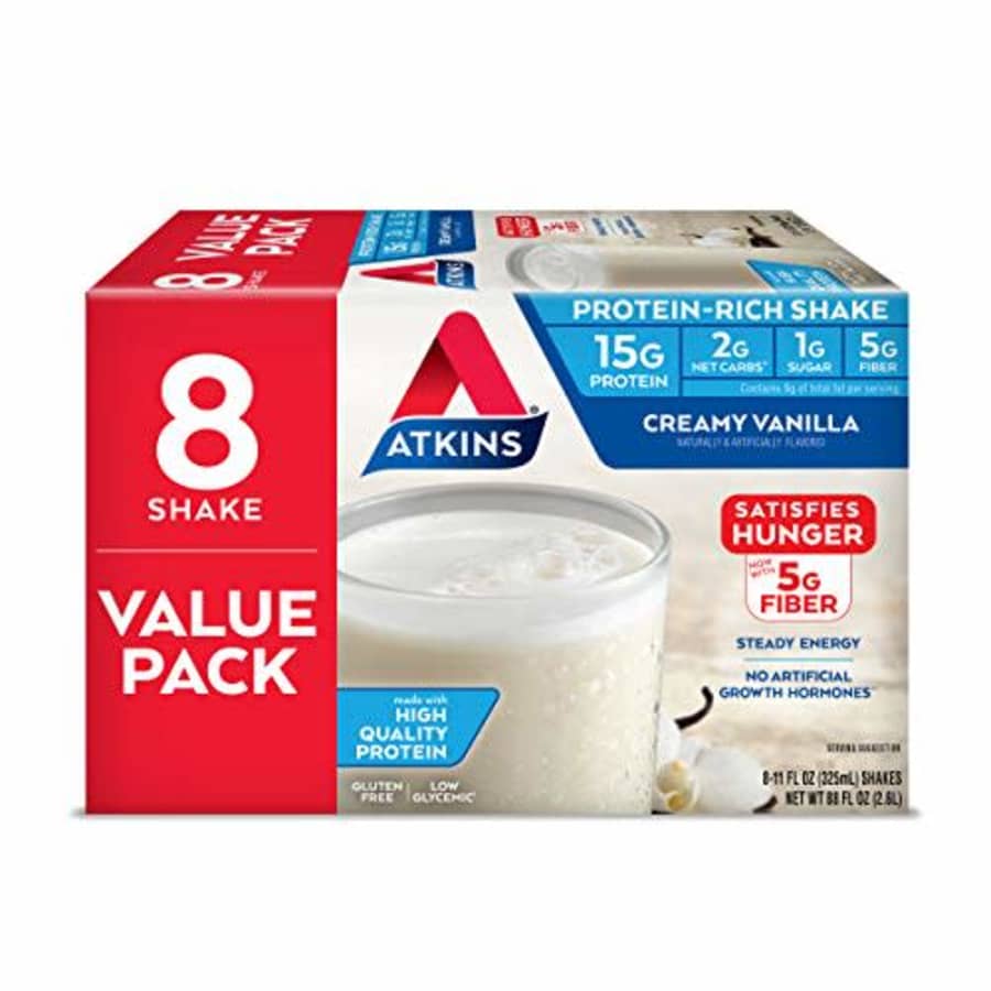 Atkins Gluten Free Protein-Rich Shake, Creamy Vanilla, Keto Friendly, 8 Count (Pack of 1) for $11 Atkins Gluten Free Protein-Rich Shake, Creamy Vanilla, Keto Friendly, 8 Count (Pack of 1) for $11