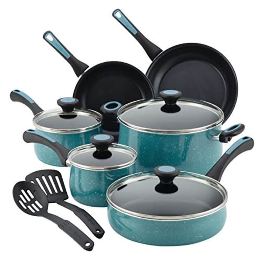 Paula Deen Riverbend Nonstick Cookware Pots and Pans Set, 12 Piece, Gulf Blue Speckle for $97 Paula Deen Riverbend Nonstick Cookware Pots and Pans Set, 12 Piece, Gulf Blue Speckle for $97