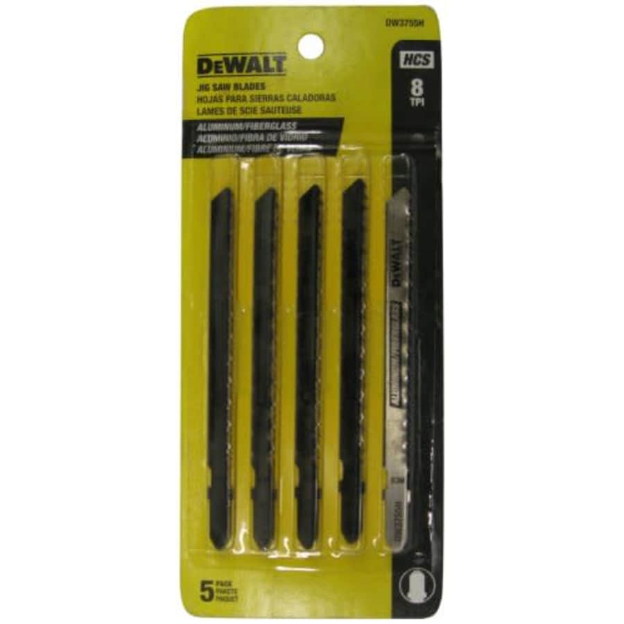 DEWALT DW3755H 4-Inch 8 TPI Aluminum/Fiberglass Cut HCS T-Shank Jig Saw Blade (5-Pack) for $18