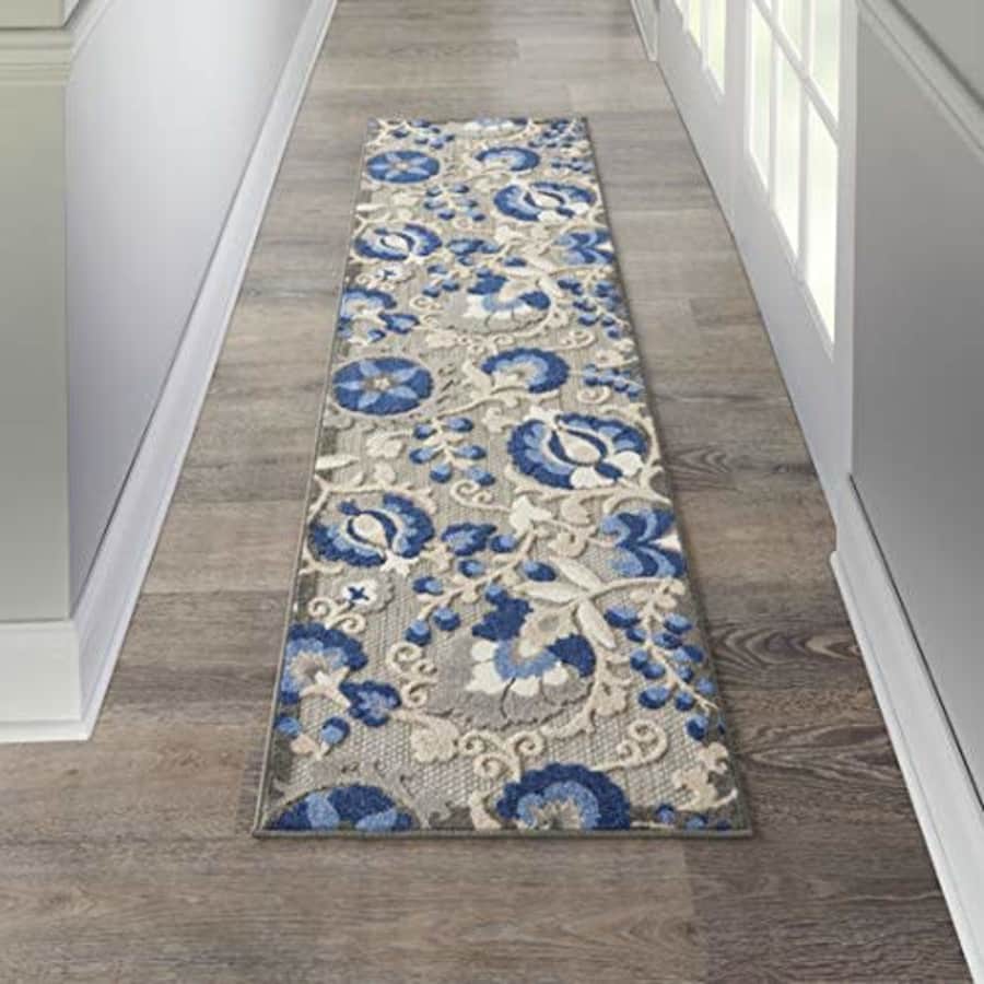 Nourison Aloha Indoor/Outdoor Floral Natural/Blue 2'3" x 10' Area Rug (10' Runner), 2'3"X10', for $30