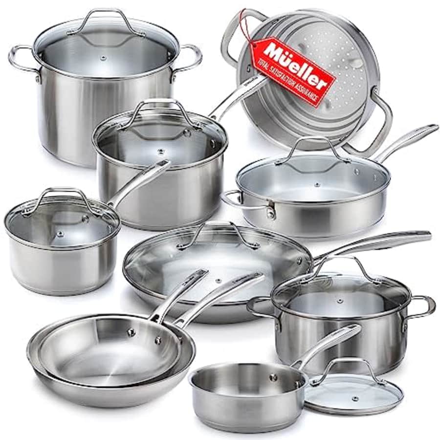 Mueller Pots and Pans Set 17-Piece, Ultra-Clad Pro Stainless Steel Cookware Set, Ergonomic EverCool for $136