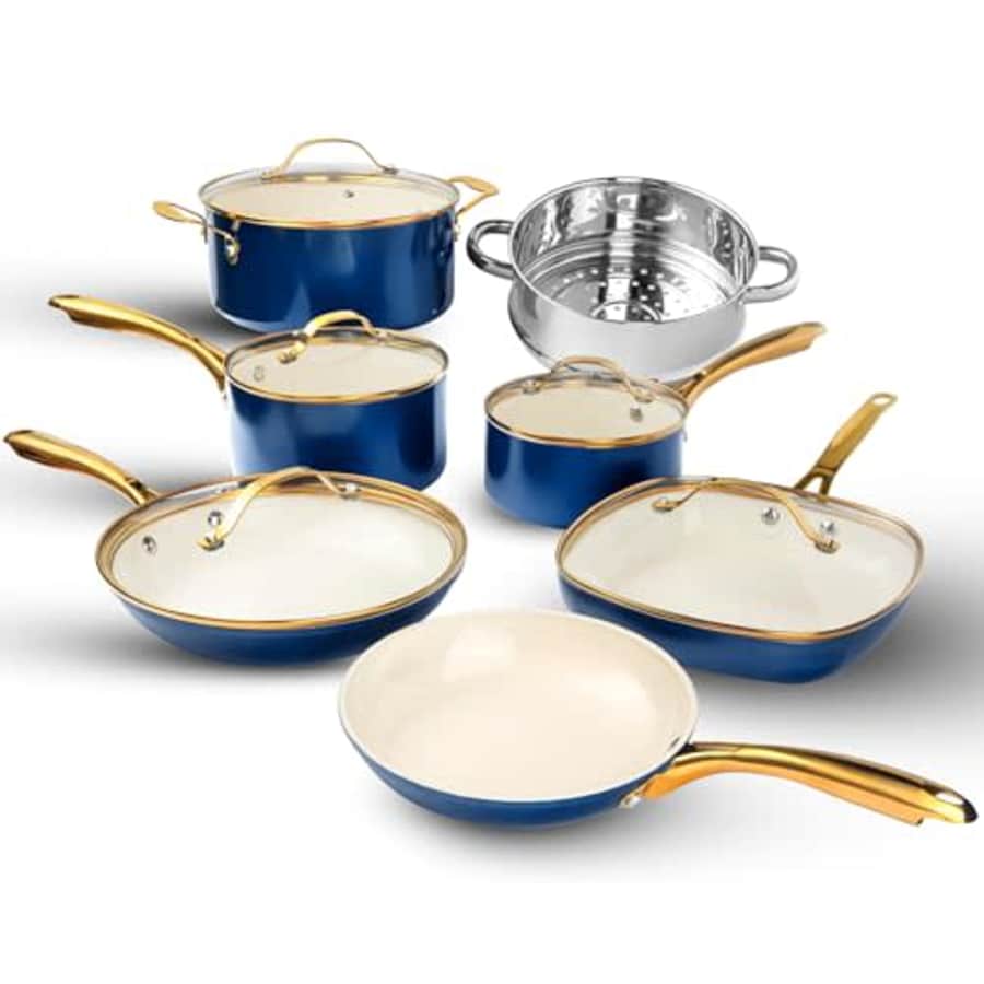 GOTHAM STEEL 12 Pc Ceramic Pots and Pans Set Non Stick, Kitchen Cookware Sets, Pot and Pan Set, for $80 GOTHAM STEEL 12 Pc Ceramic Pots and Pans Set Non Stick, Kitchen Cookware Sets, Pot and Pan Set, for $80