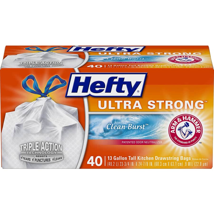 Hefty 13-Gallon Ultra Strong Tall Kitchen Trash Bag 40-Pack for $4.93 via Sub & Save Hefty 13-Gallon Ultra Strong Tall Kitchen Trash Bag 40-Pack for $4.93 via Sub & Save