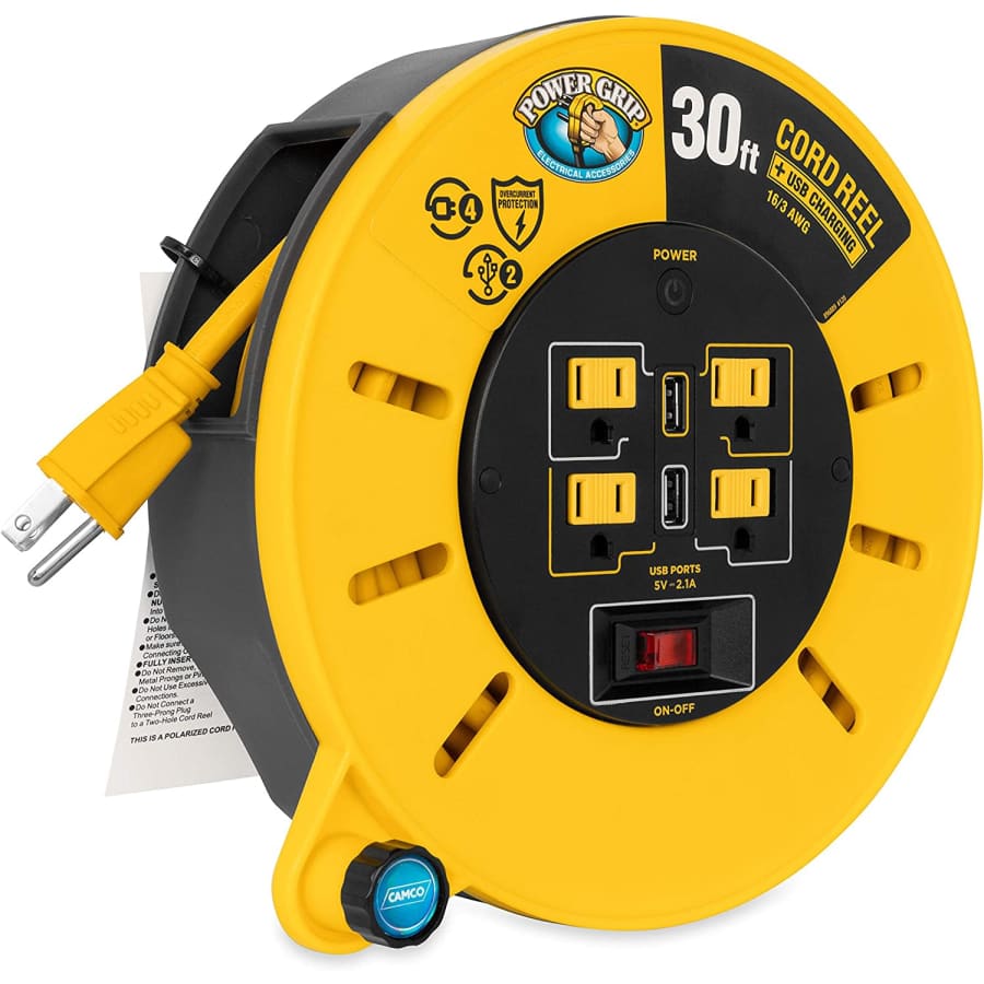 Camco Power Grip 30-Foot Extension Cord Reel w/ USB Charging Ports for $48