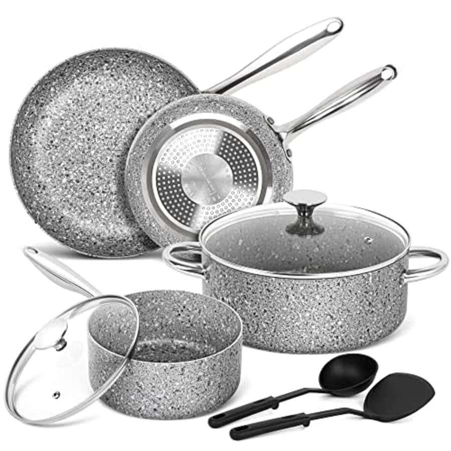 MICHELANGELO Pots and Pans Set 8 Piece, Cookware Set with Granite Coatings for Super Nonstick for $90 MICHELANGELO Pots and Pans Set 8 Piece, Cookware Set with Granite Coatings for Super Nonstick for $90