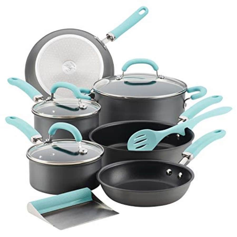Rachael Ray 11-Piece Hard Anodized Aluminum Cookware Set, Gray with Light Blue Handles for $120 Rachael Ray 11-Piece Hard Anodized Aluminum Cookware Set, Gray with Light Blue Handles for $120