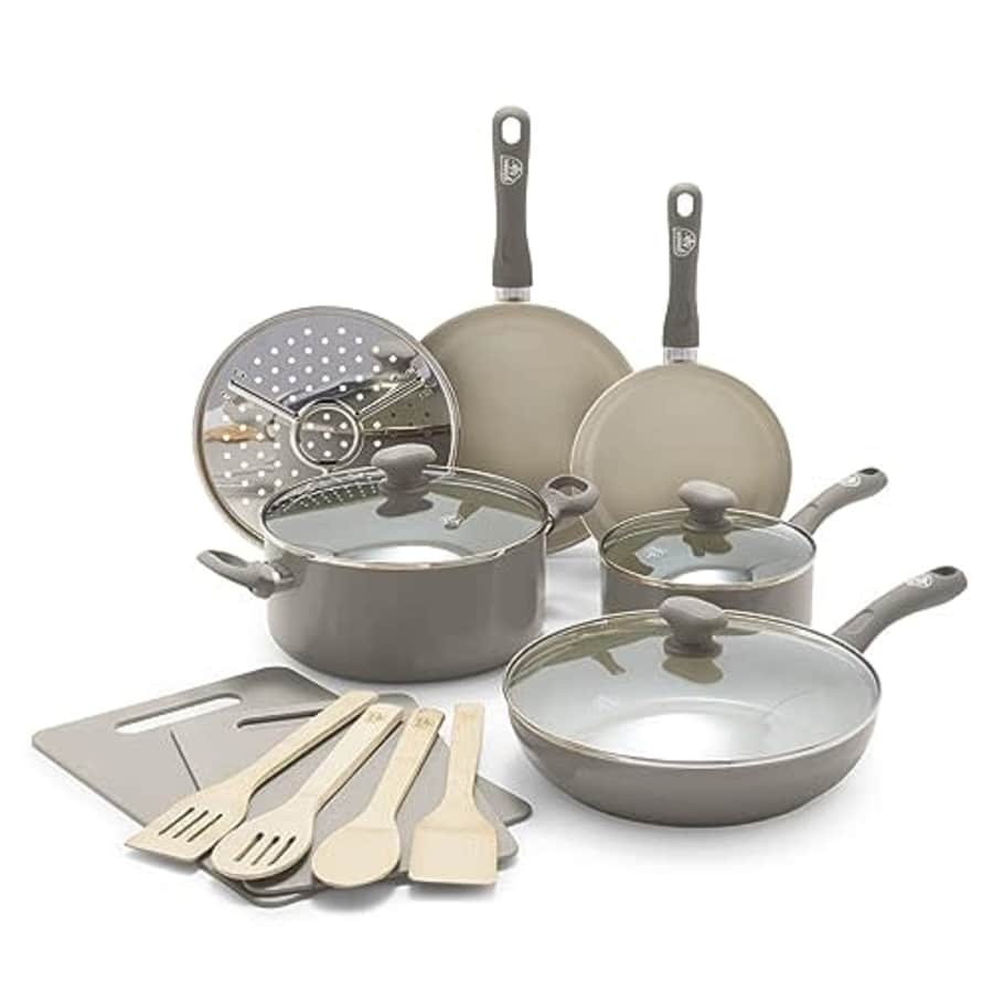 GreenLife Sandstone Healthy Ceramic Nonstick, 15 Piece Kitchen Cookware Pots and Frying Sauce Pans for $72