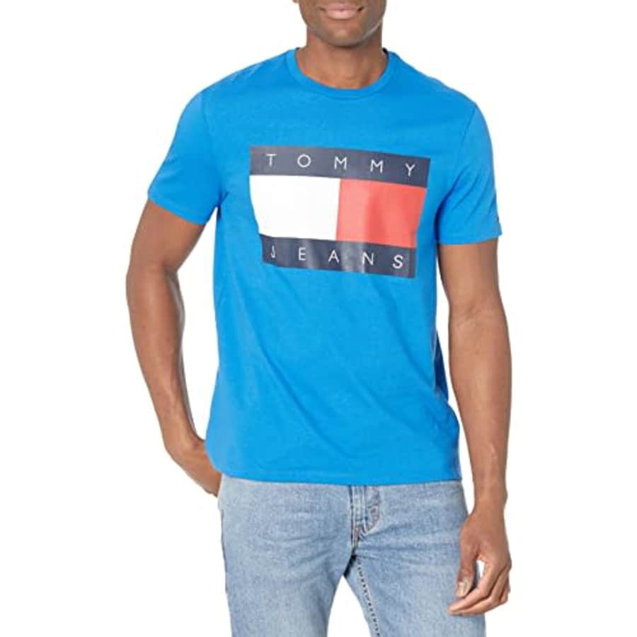 TOMMY HILFIGER Men's Tommy Jeans Short Sleeve Logo T Shirt, Corrib River Blue, XL for $35