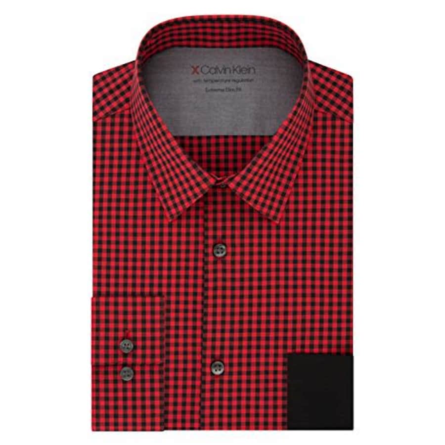 Calvin Klein Men's Dress Shirt Xtreme Slim Fit Thermal Stretch Check, Flame Red, 17"-17.5" Neck for $26