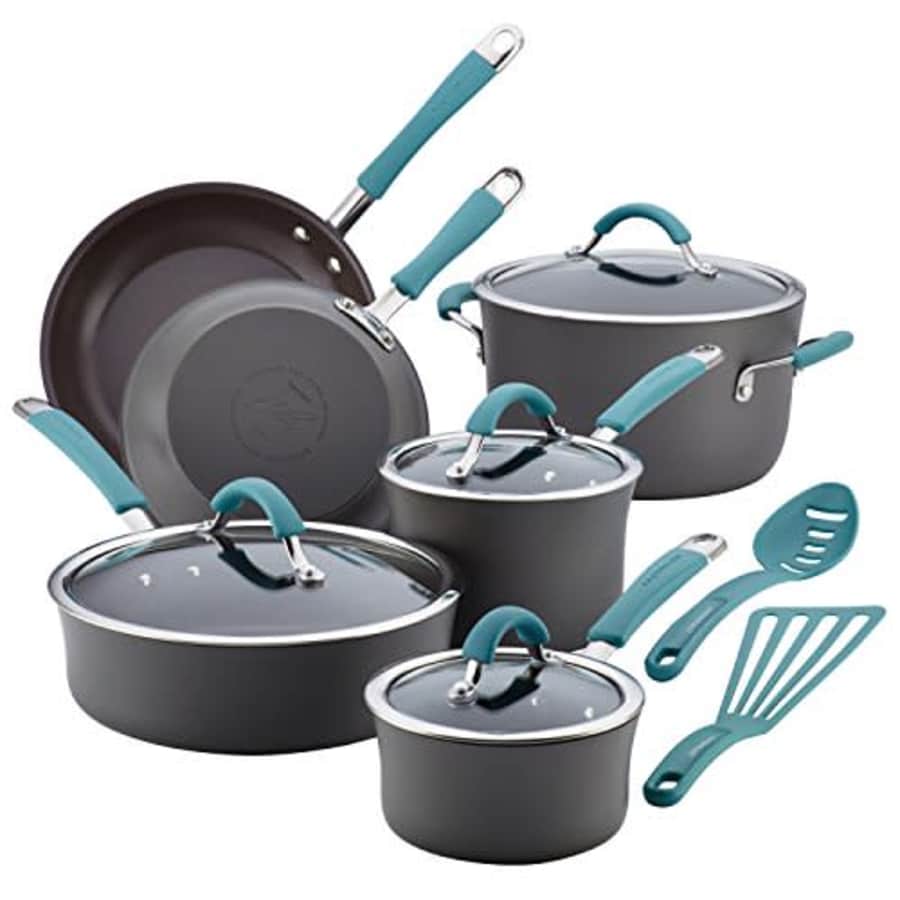 Rachael Ray Cucina Hard Anodized Nonstick Cookware Pots and Pans Set, 12 Piece, Gray with Blue for $135 Rachael Ray Cucina Hard Anodized Nonstick Cookware Pots and Pans Set, 12 Piece, Gray with Blue for $135