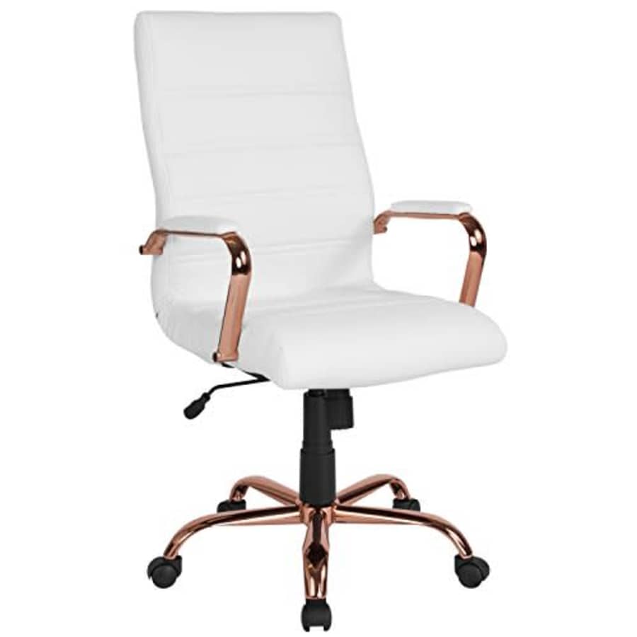 Flash Furniture High Back White LeatherSoft Executive Swivel Office Chair with Rose Gold Frame and for $180 Flash Furniture High Back White LeatherSoft Executive Swivel Office Chair with Rose Gold Frame and for $180