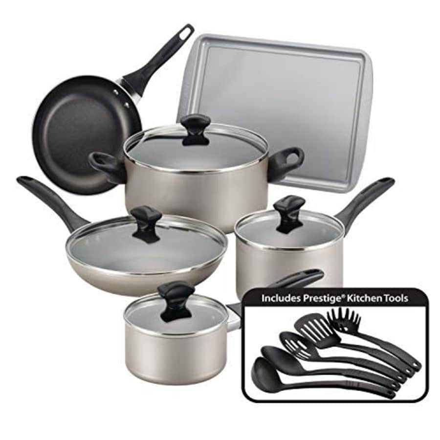 Farberware Dishwasher Safe Nonstick Cookware Pots and Pans Set, 15 Piece, Champagne for $75